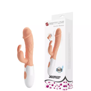 Vibrador com detalhe de glande e estimulador clitoriano formato coelho.